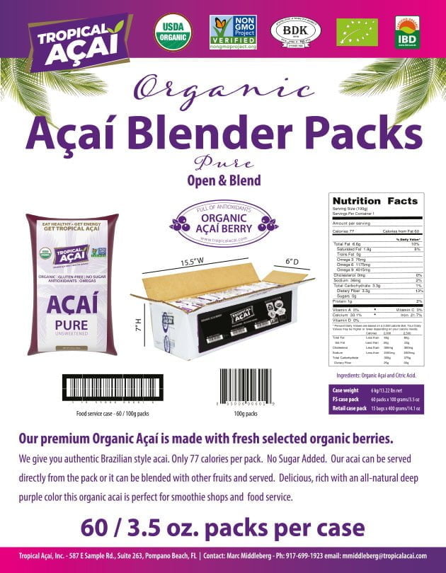 Organic Acai Pure Blender Packs Product Information
